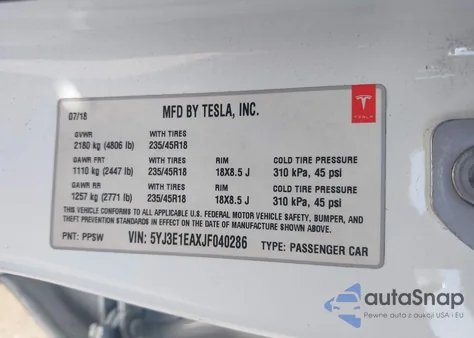 2018 Tesla Model 3 из США, поврежденный, VIN 5YJ3E1EAXJF040286